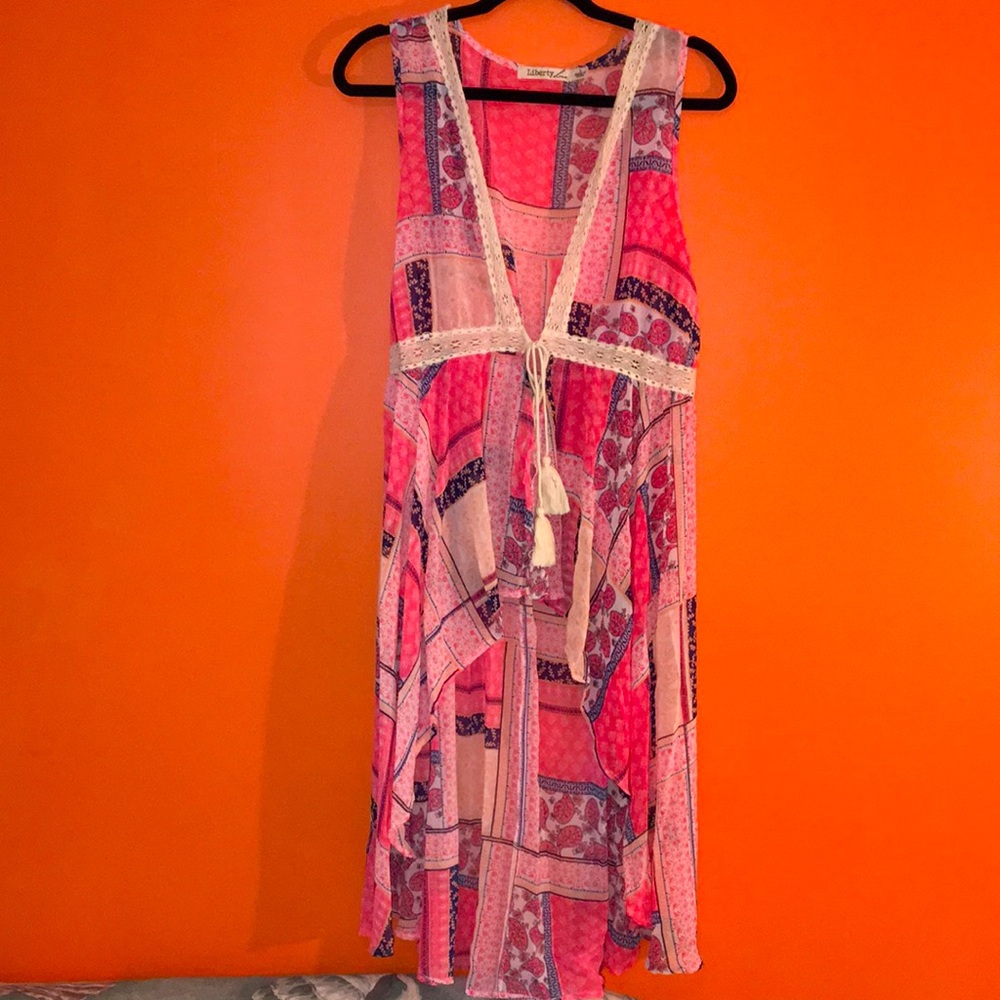 Liberty Love Pink Patchwork Vest Duster Dress Woman’s Size Large 12/14 Lace Trim